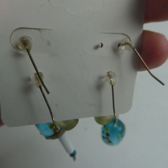 Silver Tone Fishhook Pierced Earrings Dangle Beaded Funky Green Blue 2 Pair Set - Picture 7 of 7